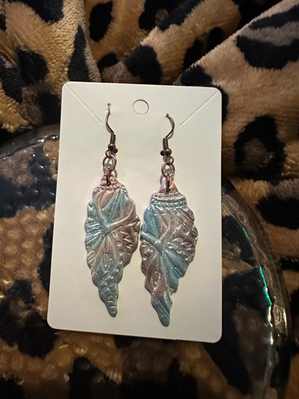 Iridescent Leaf Drop Earrings - Blue & Pink Shimmer
